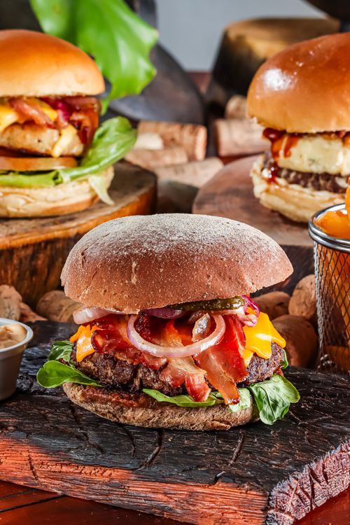 Stacked gourmet burgers
